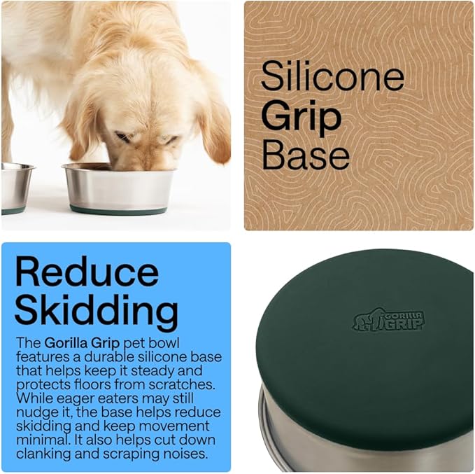 GORILLA GRIP Dog Bowls, Food Grade 304 Stainless Steel, Holds 8 Cups Each (64 fl oz) Food and Water Bowl for Feeding Dogs and Cats, Dishwasher Safe, Rust Resistant, BPA Free Rubber Base Set of 2 Green