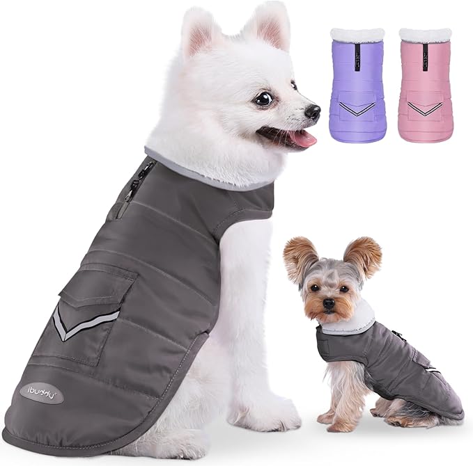 iBuddy Dog Winter Jacket for Medium Dogs, Easy on Dog Fleece Snow Coat Velcro Waterproof Pet Puffer Clothes with Harness Hole Adjustable Reflective Quilted Pet Cold Weather Vest Wind-poof for Boy Male