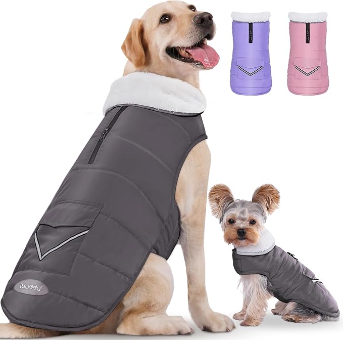 iBuddy Dog Winter Jacket for X-Large Dogs, Easy on Dog Snow Coat Velcro Waterproof Pet Puffer Coat with Harness Hole Adjustable Reflective Quilted Pet Cold Weather Vest Wind-Poof for Boy Male
