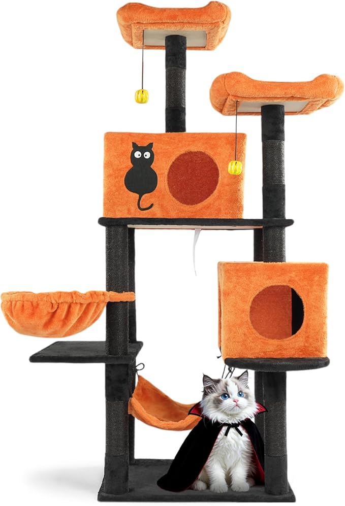 Outvita Halloween Cat Tree,61" Large Cat Tower with 2 Spacious Cat Condos, 2 Padded Perches, 2 Hammocks, Scratching Posts, Hanging Toy, Multi-Level Cat Activities Furniture, Orange & Black
