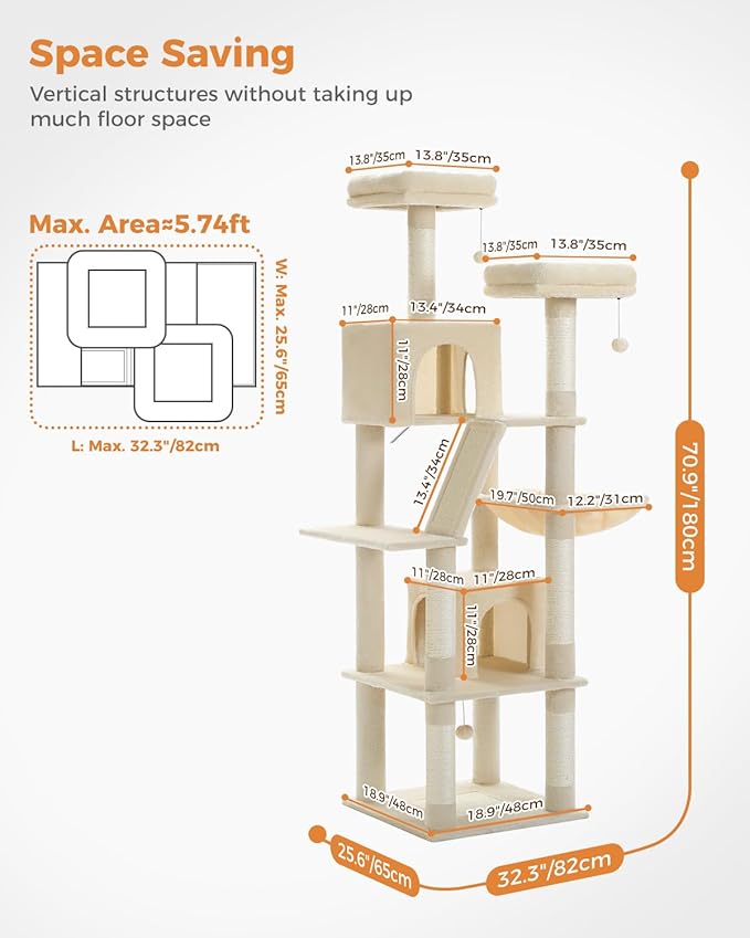 PEQULTI 71'' Cat Tree for Indoor Cats with Big Hammock, Tall Cat Tower for Large Cats with 2 Cat Condo, 2 Soft Top Perch, Scratching Posts and Pad, Beige