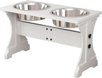 Piskyet Modern Farmhouse Dog Bowls Stand, Elevated Dog Bowls with 2 Stainless Steel Wooden Bowls, 80 oz Bowl-White