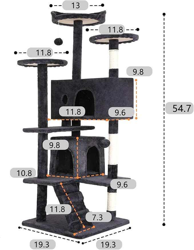 BestOffice 54 Inch Cat Tree, Multi-Level Cat Tower with Condo, Perches, Sisal Scratching Posts, Climbing Ladder,Indoor Activity Center Play House for Kittens & Adult Cats, Dark Gray