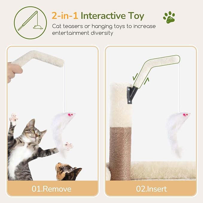 Globlazer Cat Tree for Indoor Cats Large Adult, 74in Tall Cat Tower with Scratching Post, Heavy Duty Cat Tree Tower with 2 Spacious Caves, Oversized Top Perch, Big Hanging Basket, F74B, Beige