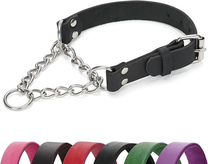 Martingale Collar for Dogs No-Pull Adjustable Training Collar with Stainless Steel Chain - Genuine Leather Anti-Slip Design for Small,Medium,Large Breed Dogs - Black (S)