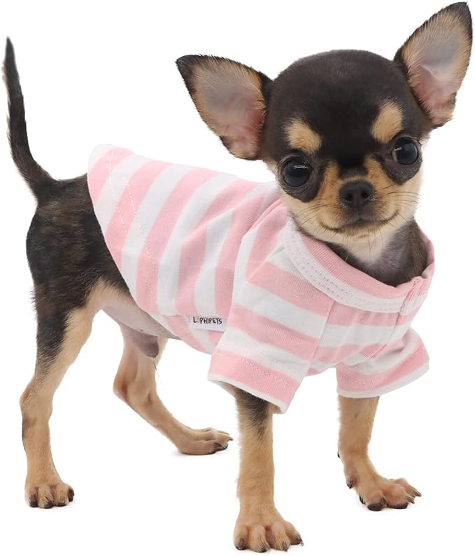 LOPHIPETS 100% Breathable Cotton Striped Dog Tee Shirt T-Shirt for Small Dogs Teacup Chihuahua Yorkie Puppy Clothes -Pink and White Strips/XXS