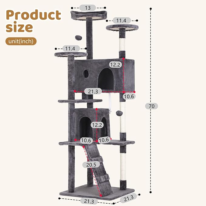 BestOffice 70 Inch Cat Tree, Multi-Level Cat Tower with Condo, Perches, Sisal Scratching Posts, Climbing Ladder,Indoor Activity Center Play House for Kittens & Adult Cats, Light Gray