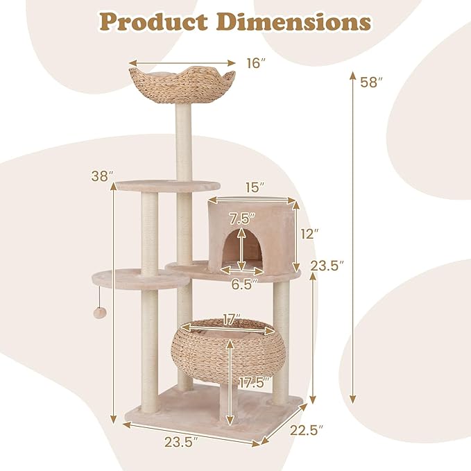 Tangkula Modern Cat Tree, 58 Inch Cat Tower with Sisal Scratching Posts, Condo, Cattail Plush Perch, Basket Cat Bed, Dangling Ball, Removable & Washable Cushions, Aesthetic Cat Tree for Indoor Cats