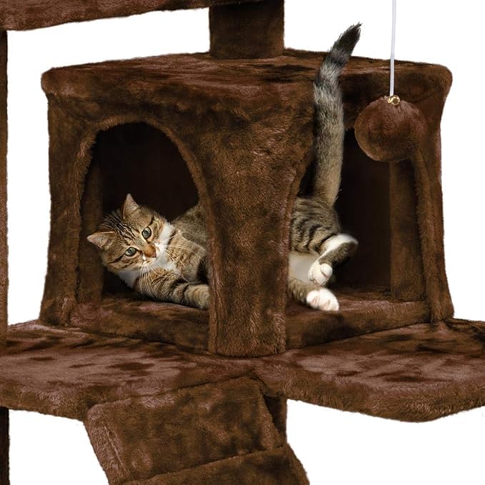 Brown Cat Tree Tower,Cat Scratcher Activity Centre Scratching Posts with 2-Condo and Dangling Toys
