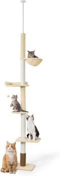 Floor to Ceiling Cat Tree, Adjustable Height 104”-115” Multi-Tier Cat Climbing Tower w/Itching Scratcher, Cozy Hammock, Interactive Playball, Platforms for Indoor Cats, Beige