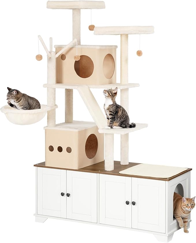 HOOBRO Double Litter Box Enclosure with Cat Tree, 45.3" L x 17.7" W x 68.9" H All-in-One Modern Cat Tower with Bed, Hidden Litter Box Enclosure Furniture, with Hammock, Sisal Posts, White WH22MZ03