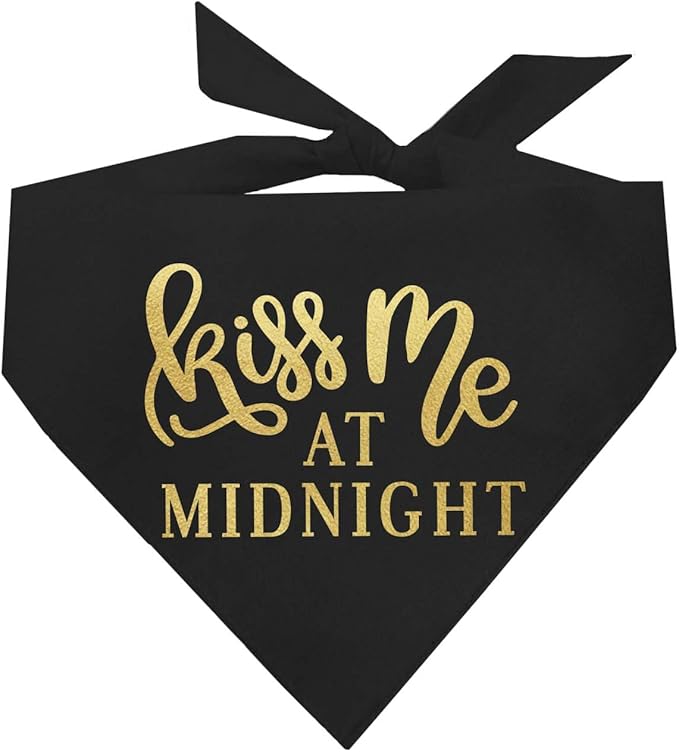 Kiss Me at Midnight Dog Bandana | 100% Cotton Adjustable Triangle | Made in USA | New Year's Eve | Celebration | Cheers to 2026 | Black, X-Small |(357)