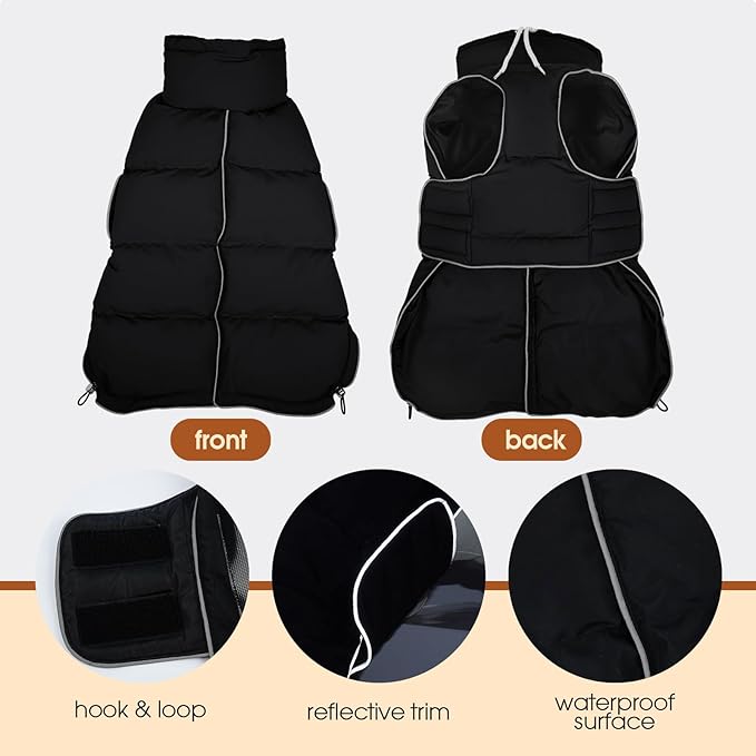 FUAMEY Dog Puffer Jacket for Large Dogs,Dog Cold Weather Coats Dogs Down Jackets Waterproof Pet Snowsuits Warm Puppy Winter Vest Turtleneck Pets Adjustable Jackets Coats Black XXXL