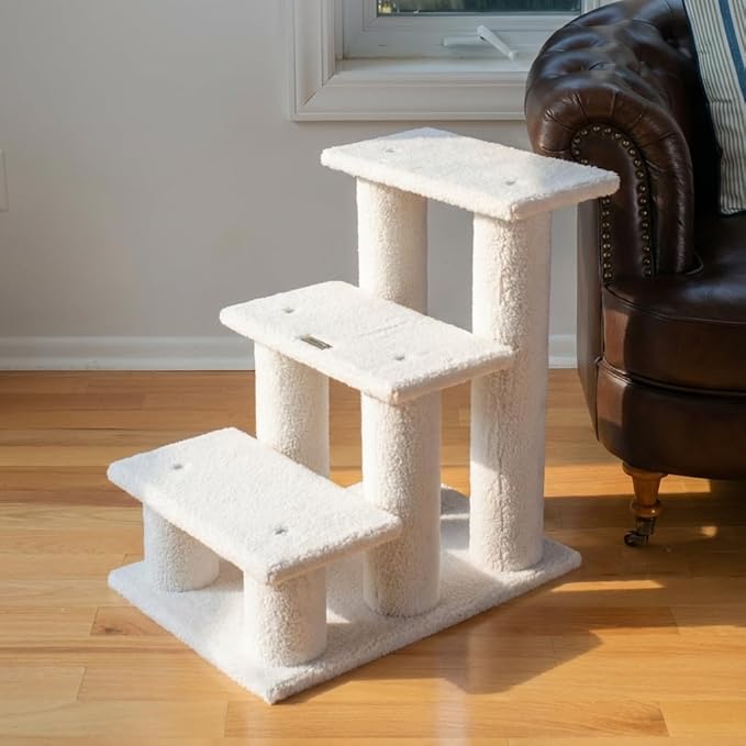 Cat Tree Tower, White Fleece, 3-Tier Multi-Level Climbing Activity Center with Stable Support Pillars, 25 Inches Tall, Ideal for Senior Pets, 17x25x25 Inches