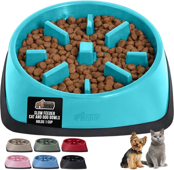 GORILLA GRIP Patented BPA Free Slow Feeder Dog Bowls, Interactive Puzzle Toy for Dogs and Cats Food Training Enrichment, Keeps Pets Busy and Prevents Puppy Overeating, Small Breeds, 1 Cup, Turquoise