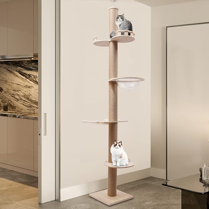 Floor-to-Ceiling Cat Tree,Cat Tower with Adjustable Height (100.4-104.3''),Tall Climbing Tree with Clear Space Capsule,Activity Tree Indoor/Outdoor Cat Scratching Post Activity Center