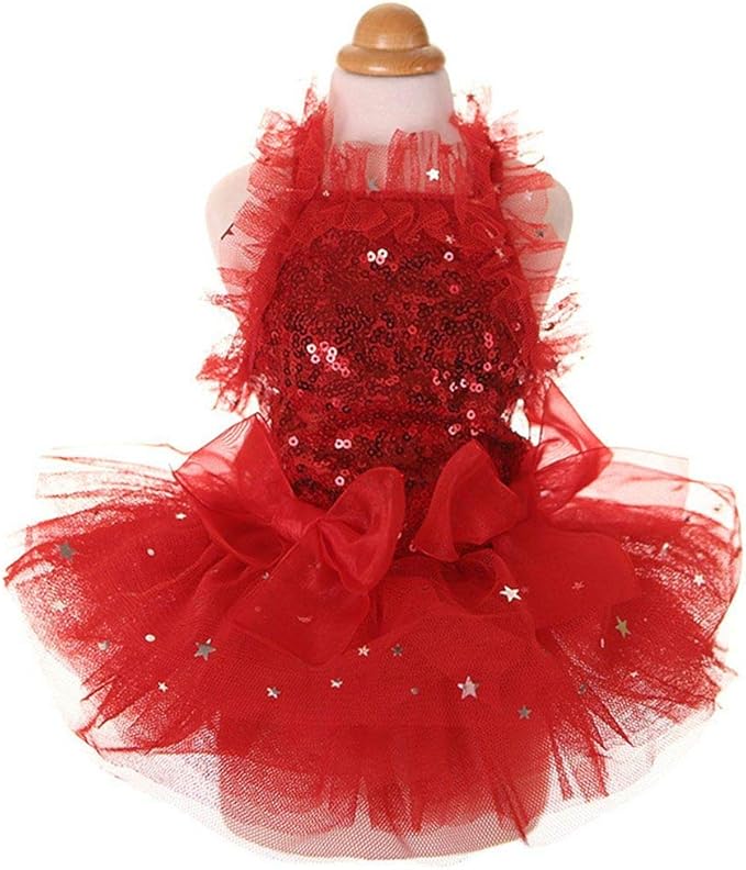Fashion Sweet Puppy Dog Blingbling Princess Skirt Pet Dog Lace Cake Camisole Tutu Dress Red Small