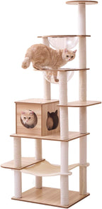 76-Inch Multi-Pure Wood-Level Cat Tree Tower with Condo, 16 Soft Plush Scratching Post,2 Space Capsule, with Cat Hammock,5-Story Perching Platform,Cat Tree for Large Cats.（1115）