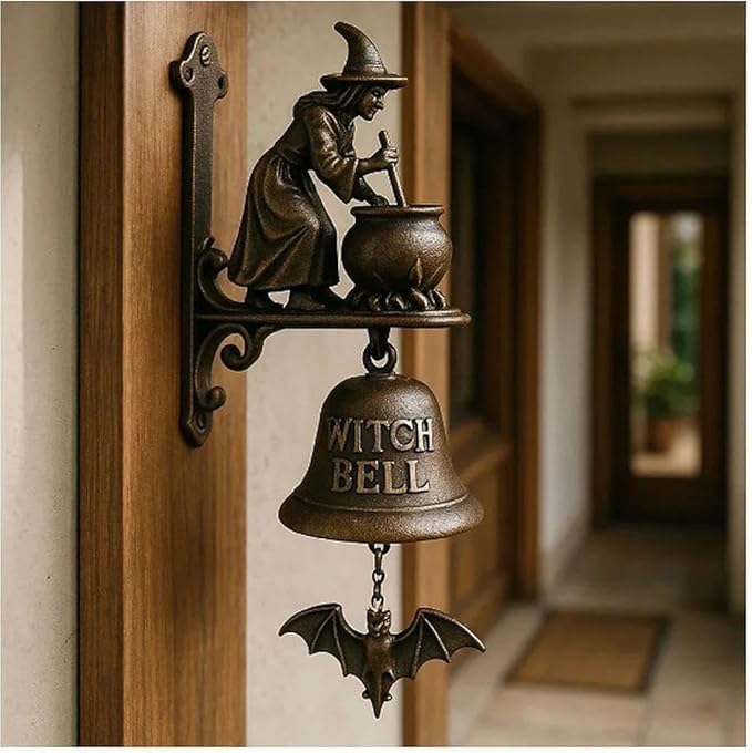 Christmas German Shepherd Welcome Bell – Retro Dog & Witch-Themed Doorbell – Decorative Cast Iron Hanging Bell with Brass Chime – Rustic Farmhouse Wall Décor (Witch)