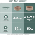 3.2 Cup Ceramic Raised Slow Feeder Dog Bowl Set, Elevated 8.2inch Bowl and 9.5inch Puzzle Slow Food Dish with Wooden Stand for Large Dog, Anti-Gulping (2 x Brown Coffee+ Stand)