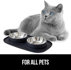 GORILLA GRIP Feeding Mat Bowl Set, 100% Waterproof BPA Free Silicone Base, 304 Stainless Steel Cat and Dog Bowls for Food and Water, Slip Resistant, High Edge, US Designed, Patent Pending, 2 Cup Black