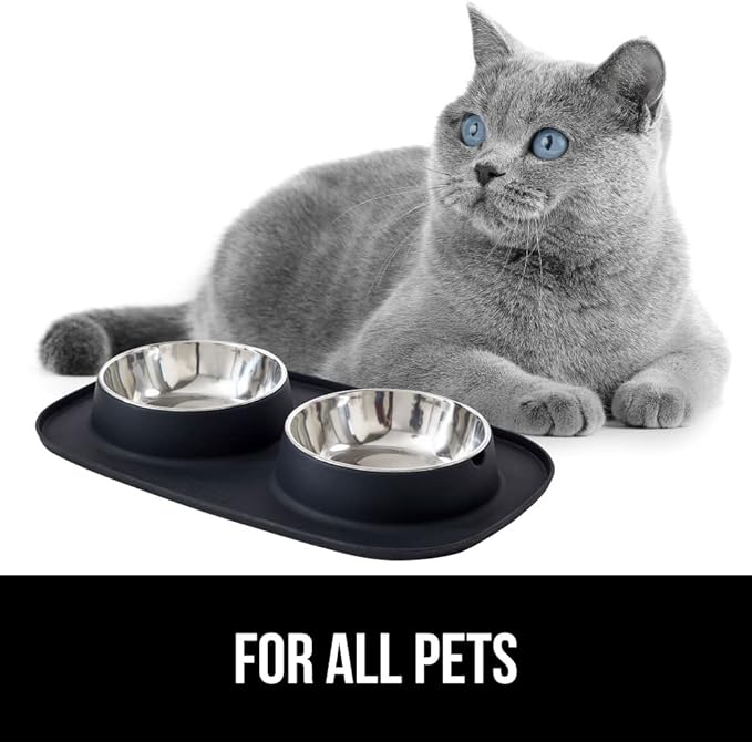 GORILLA GRIP Feeding Mat Bowl Set, 100% Waterproof BPA Free Silicone Base, 304 Stainless Steel Cat and Dog Bowls for Food and Water, Slip Resistant, High Edge, US Designed, Patent Pending, 2 Cup Black