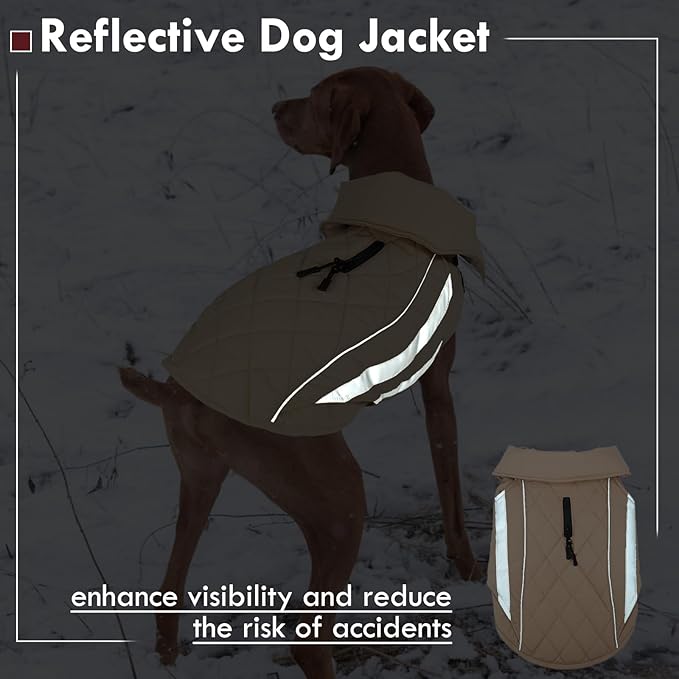 Large Dog Jacket Waterproof Warm Dog Winter Coats with Harness Hole Turtleneck Reflective Snowsuit Adjustable Fleece Coat for Dogs French Bulldog, Khaki L