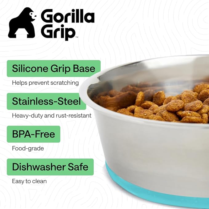 GORILLA GRIP Dog Bowls, Food Grade 304 Stainless Steel Holds 4 Cups Each (32 fl oz) Food and Water Bowl for Feeding Dogs and Cats Dishwasher Safe Rust Resistant BPA Free Rubber Base Set of 2 Turquoise
