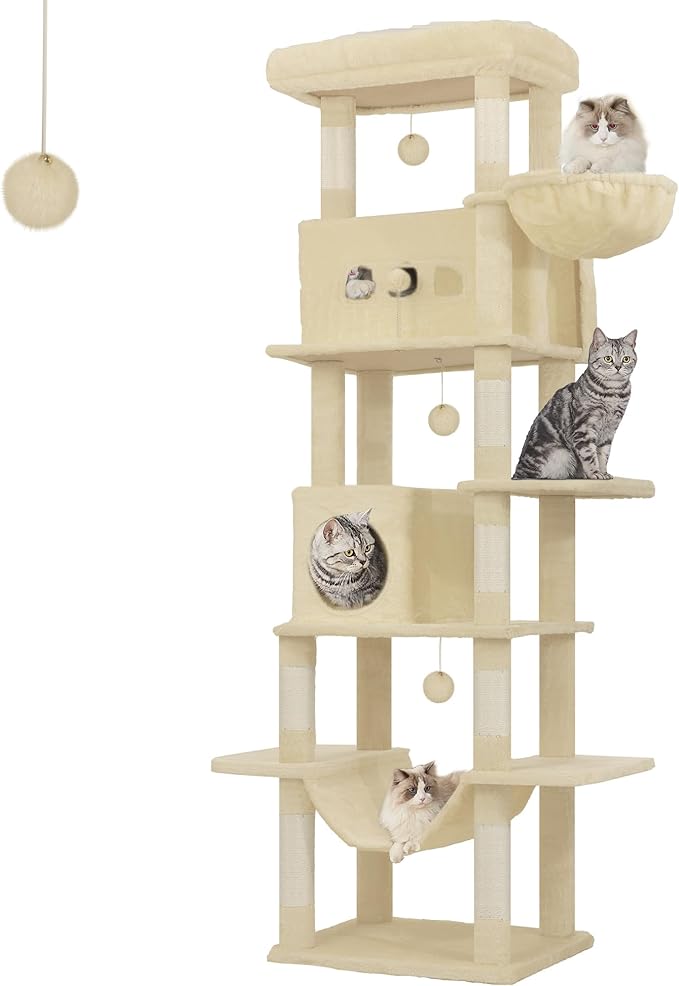 Cat Tree, 82.6" Large Cat Tower for Indoor Cats, Multi-Level Cat House with Condo, 8 Scratching Posts, Hammock, 4 Pom Poms, Beige MS21018YL