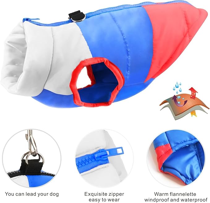 Idepet Pet Dog Cat Coat with Leash Anchor Color Patchwork Padded Puppy Vest Jacket Teddy Chihuahua Costumes Pug Cloth XS S M L(XX-Large,Red)