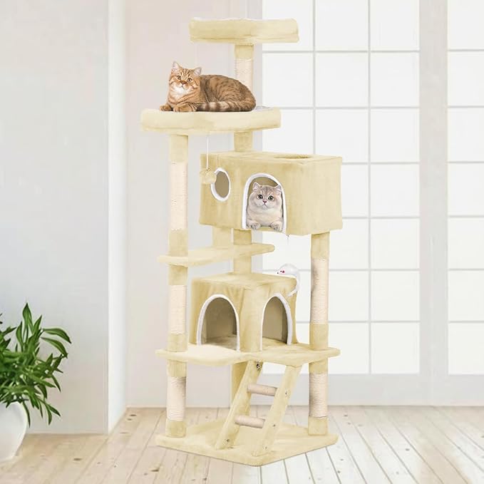 Cat Tree Tower 53 inch - Multi-Level Indoor Activity Center with Sisal Scratching Posts, Condo, Plush Perch & Hanging Toys for Large Cats (Beige)