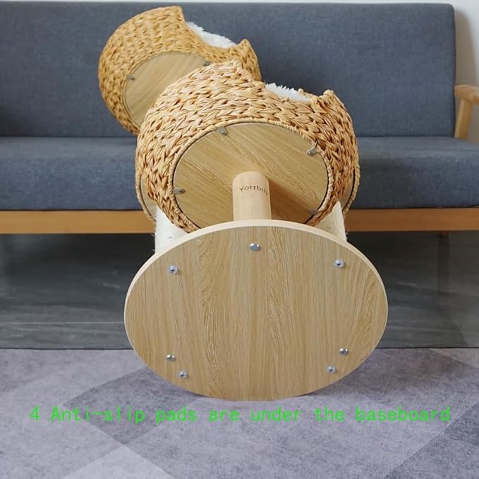 Cat Tree 39 Inches Cat Tower with Sisal Covered Scratching Real Wood Post, Handwoven PE Rattan 3 Baskets perches with Cozy Cushion, Cat Climbing, Cat Scratching Post (White Cushion)