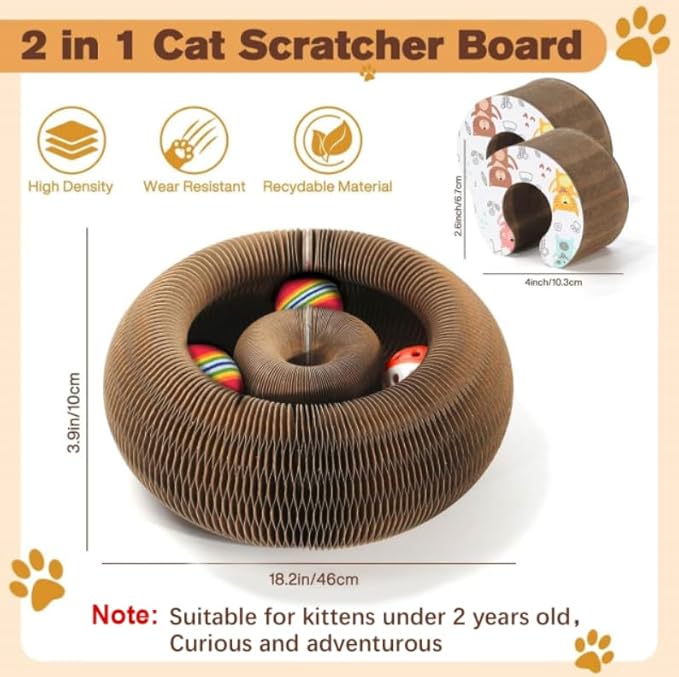 2 PCS Magic Organ Cat Scratcher Board with 6 Balls, Foldable Recyclable Accordion Cats Toy with Ball and Track Adventure, Cat Scratching Pad, Retractable Reversible Furniture Protector(Brown)