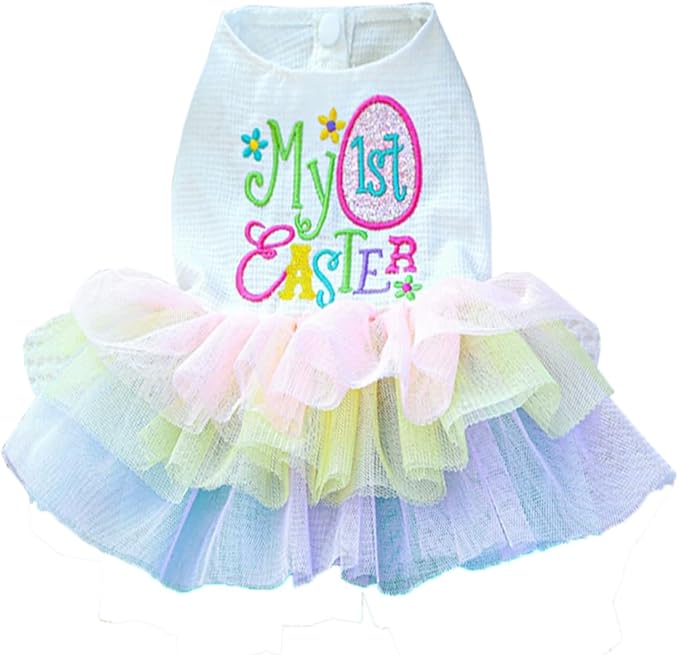 ANIAC Happy 1st Easter Dog Dress Girl Holiday Puppy Clothes for Small Dog Easter Cat Outfit Eggs Print Rainbow Doggy Princess Tutu Dress Pet Clothing (Small)