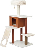 Modern Cat Tree for Large Cats - Multi-Level Activity Center with Sisal Scratching Posts, Plush Perch, Enclosed Condo & Hanging Toy, Sturdy Wood Design for Indoor Use (M)