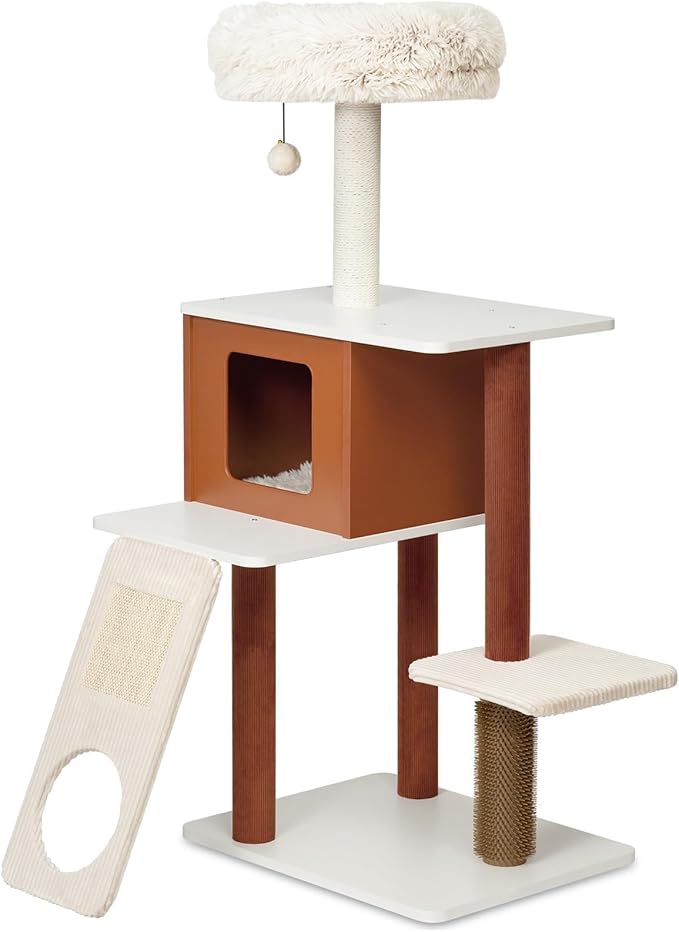 Modern Cat Tree for Large Cats - Multi-Level Activity Center with Sisal Scratching Posts, Plush Perch, Enclosed Condo & Hanging Toy, Sturdy Wood Design for Indoor Use (M)