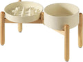 Ceramic Raised Slow Feeder Dog Bowl Set, Elevated 7.3inch Bowl and 8.2inch Slow Pet Food Dish with Wooden Stand for Medium and Large Dog (2 xLight Yellow+ Stand)