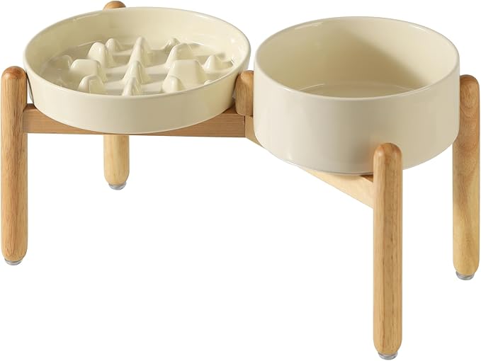 Ceramic Raised Slow Feeder Dog Bowl Set, Elevated 7.3inch Bowl and 8.2inch Slow Pet Food Dish with Wooden Stand for Medium and Large Dog (2 xLight Yellow+ Stand)