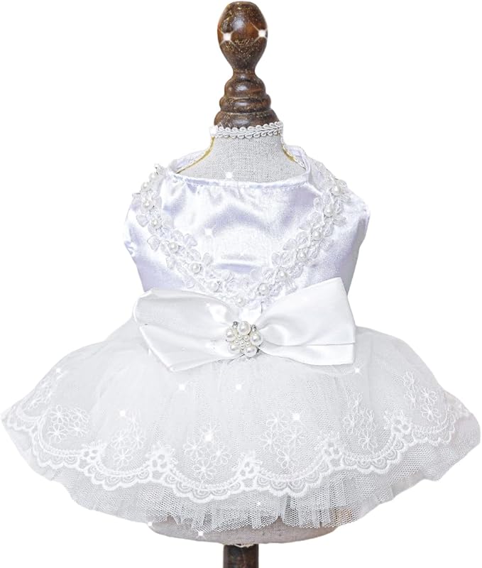 Fashion Sweet Puppy Dog Blingbling Princess Skirt Pet Dog Lace Cake Camisole Tutu Dress D-White XS