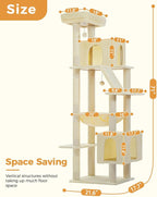 71" Tall Cat Tree for Large Cat 20 lbs with Super Large Hammock, Heavy Duty Cat Tower with 4 Sisal Scratching Posts & 2 Spacious Condos for Big Adult Cats Maine Coon-Beige