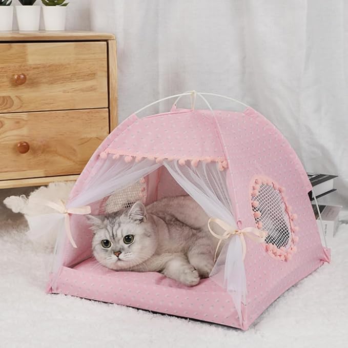 Selena Cat Bed Tents Dog House Indoor Outdoor Lace Mesh Breathable Windows Door Curtains Removable Portable Nest Teepe House (Small,Pink(Flower))