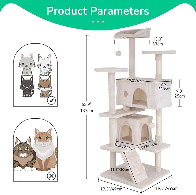 Cat Tree 54 Inch Cat Condo Stand House Multi-Level Cat Tower Durable Cat Scratching Post & Cozy Fun Indoor Cat Jumping Platform Kitty Activity Center with Furry Ball Toys for Cats, Beige
