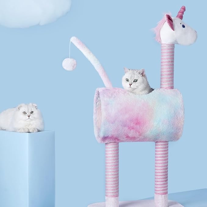 ZEZE Tunnel Cat Tree Condo for Indoor Cats, Animal-Themed Cat Tower with Cozy Tunnel Hideout, 3 Sisal Scratching Posts, Hanging Ball Toy, Thick Base (Unicorn)