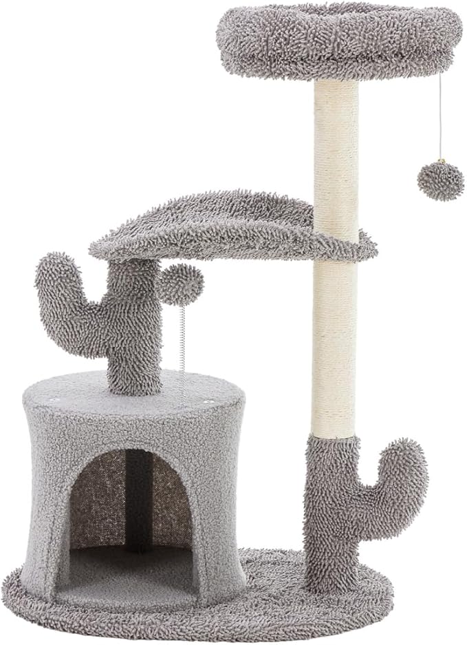 33-Inch Small Cat Tree Tower with Curved Bed, Plush Perch & Scratching Post, Cactus Style Cat Climbing Tree with Hanging Toys, Compact Cat Tree for Indoor Cats, Grey