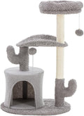 33-Inch Small Cat Tree Tower with Curved Bed, Plush Perch & Scratching Post, Cactus Style Cat Climbing Tree with Hanging Toys, Compact Cat Tree for Indoor Cats, Grey