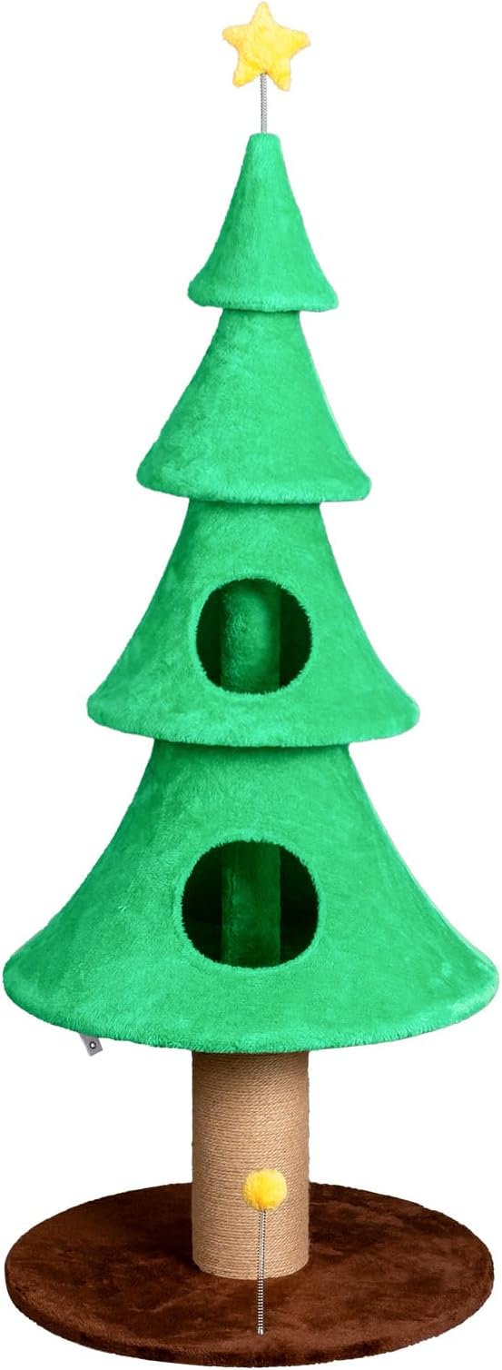 59 Inches Christmas Cat Tree for Indoor, Cat Tower with 2 Condos and Scratching Post,Christmas Tree Party Decoration Activity Center Play House (Green-1)