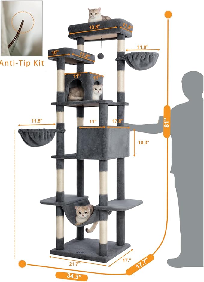 Cat Tree, 81-Inch Tall Cat Tower with Scratching Post, Plush Multi-Level Cat Condo with 2 Perches, 2 Caves, 2 Basket, Hammock for Indoor Cats Grey