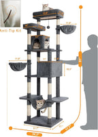 Cat Tree, 81-Inch Tall Cat Tower with Scratching Post, Plush Multi-Level Cat Condo with 2 Perches, 2 Caves, 2 Basket, Hammock for Indoor Cats Grey