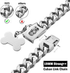 Silver Metal Dog Chain Collar with Design Secure Buckle & ID Tag,Pet Necklace,Strong Stainless Steel Cuban Link Chain,Chew Proof Indestructible Choke Walking Collar for Large Dogs(19MM 26'')