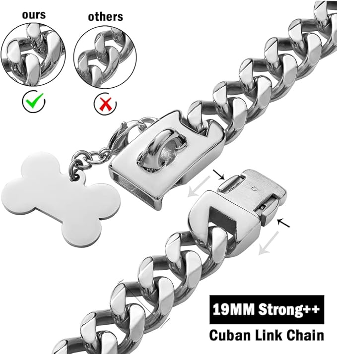 Silver Metal Dog Chain Collar with Design Secure Buckle & ID Tag,Pet Necklace,Strong Stainless Steel Cuban Link Chain,Chew Proof Indestructible Choke Walking Collar for Medium Dogs(19MM 14'')